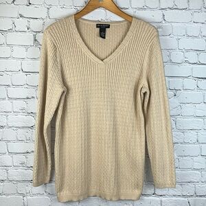 ALEXANDRA BARTLETT Fisherman Knit V-Neck Sweater Ecru Beige 2X